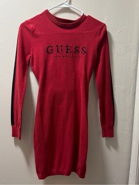 GUESS Red Long-Sleeve Logo Knit Dress with Black Sleeve Stripe